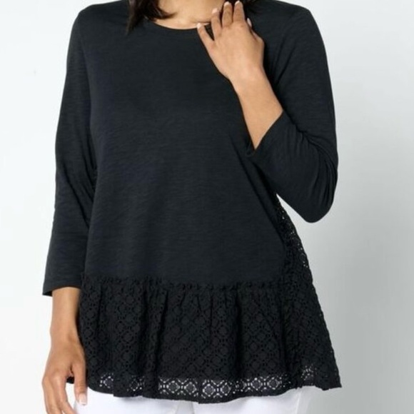 LOGO by Lori Goldstein Tops - LOGO Lori Goldstein Black Cotton Slub Tunic with Ruffle Lace A652874